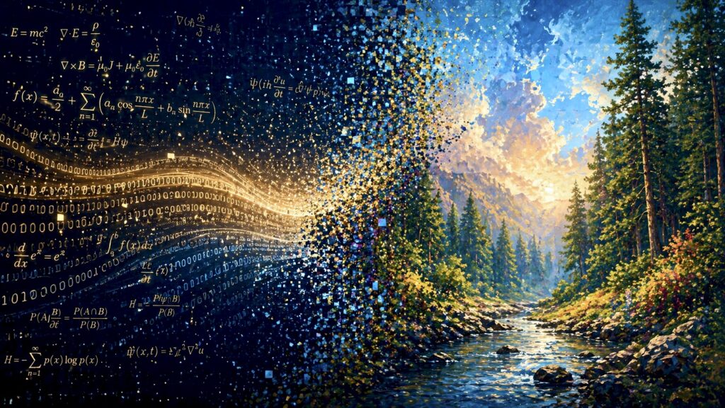 Digital math equations and binary code transforming into a realistic forest, showing how AI generates images from patterns