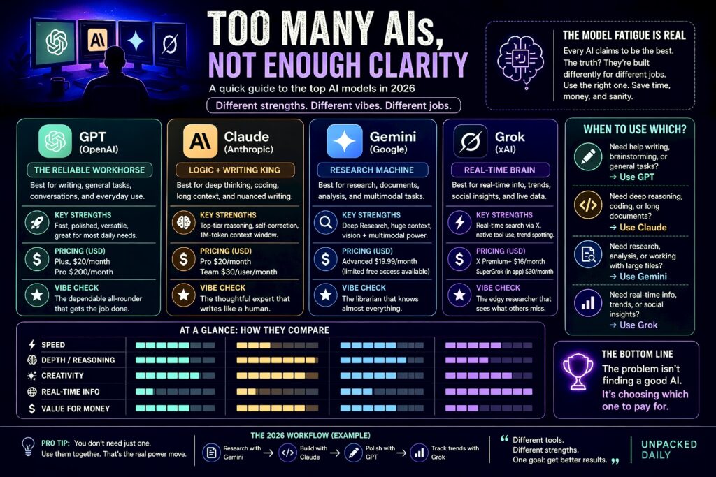 Comparison infographic of GPT, Claude, Gemini, and Grok showing their strengths, use cases, and differences in speed, depth, and creativity.