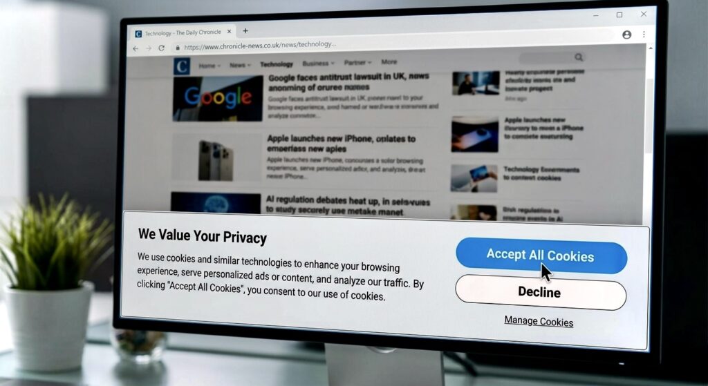 User clicking “Accept All Cookies” on a website while data flows to tracking and advertising systems
