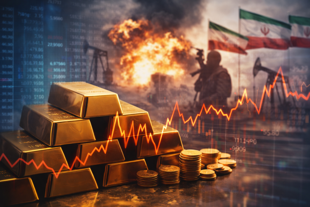 Gold bars with rising price graph against backdrop of Iran conflict and oil industry, showing impact of war on gold prices