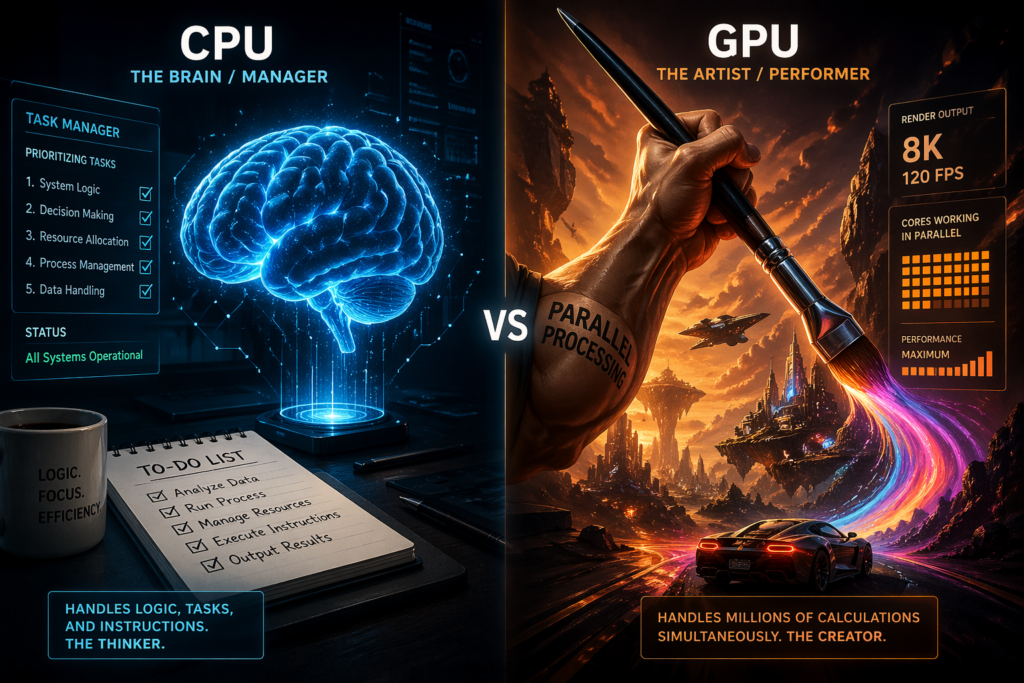 the cpu is the brain and the GPU is the artist