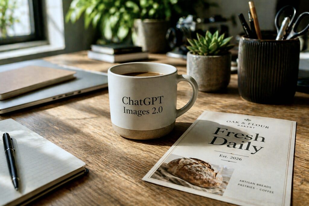 Modern sunlit workspace with a ceramic mug labeled “ChatGPT Images 2.0” and a bakery flyer reading “Fresh Daily” on a wooden desk