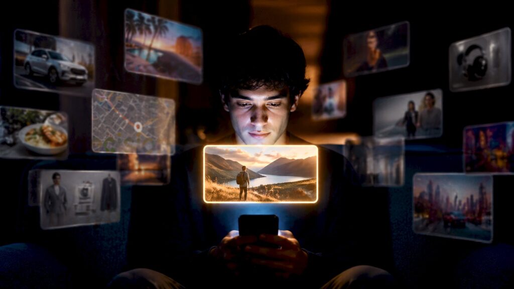 Person using smartphone at night with AI filtering multiple choices into one selected option