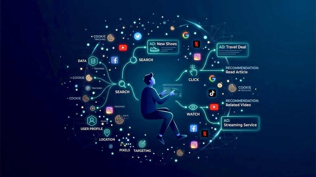 how data tracking works showing user activity cookies and targeted ads flow