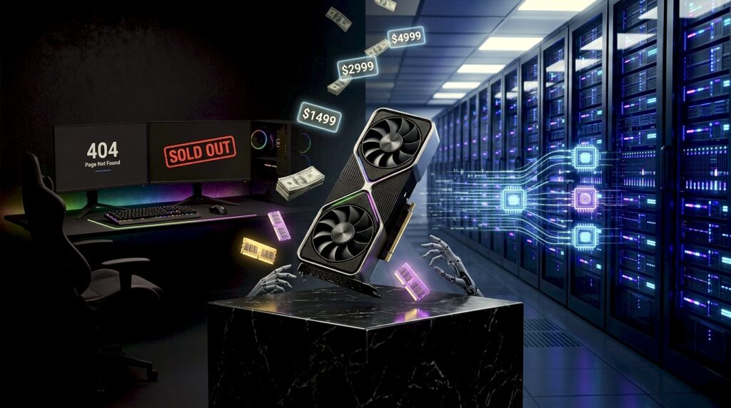 graphics card between gamer setup with sold out screen and AI data center with rising prices
