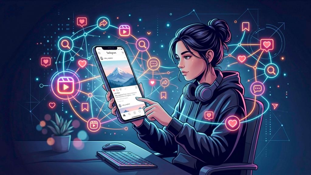Person scrolling Instagram with visual representation of algorithm deciding content