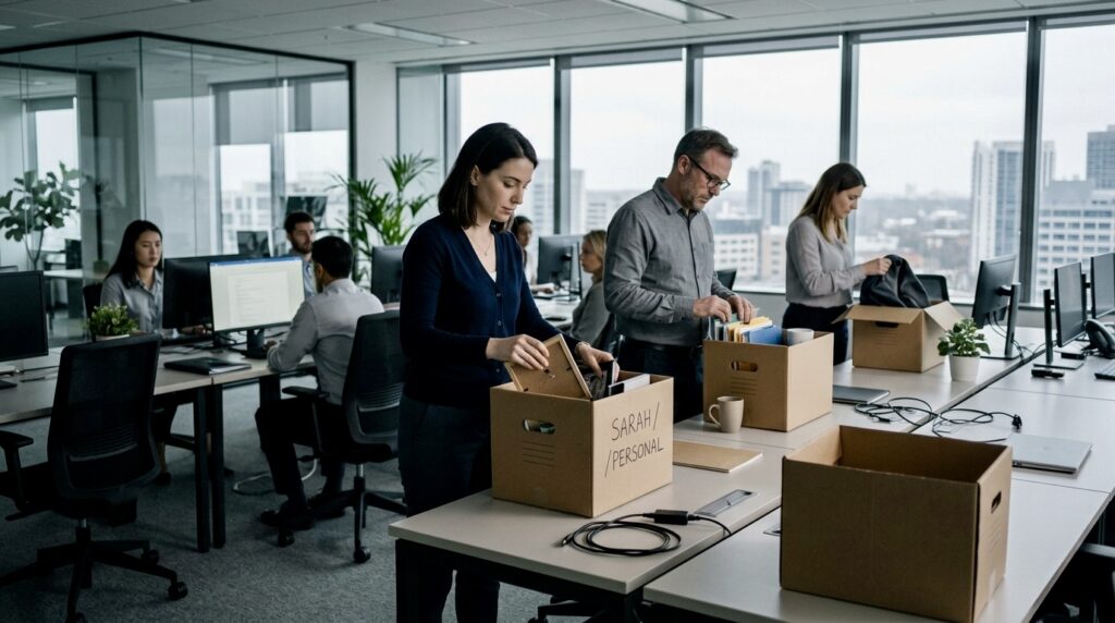 Empty office desks with a box of personal items symbolizing layoffs and job cuts