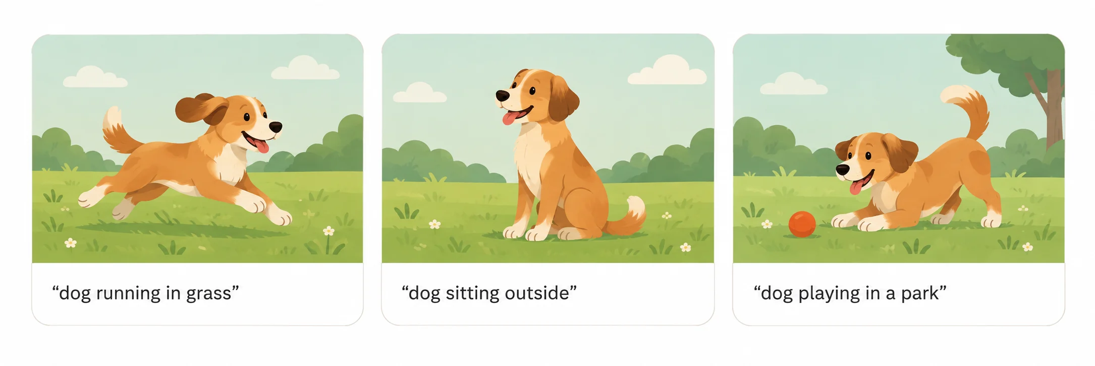 Three examples showing a dog running in grass, sitting outside, and playing in a park