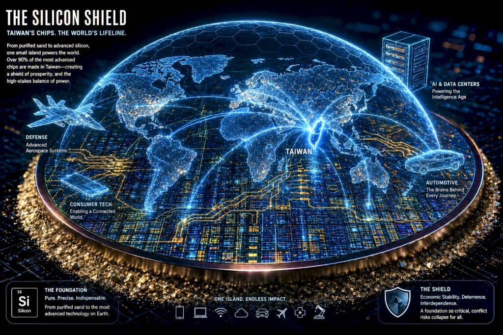 Futuristic illustration of a silicon wafer with a glowing digital shield over Taiwan, showing global connections and semiconductor dependence