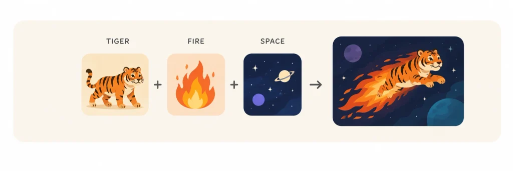 Illustration showing a tiger, fire, and space combined into a new visual concept