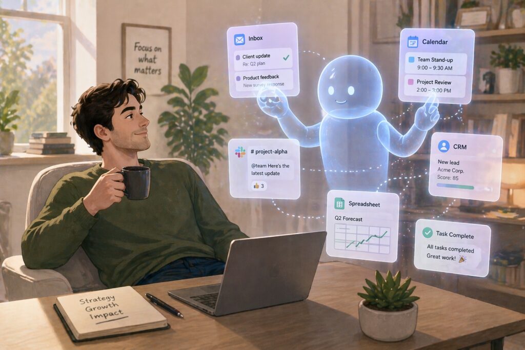 A person relaxing with coffee while a holographic AI assistant organizes tasks like email, calendar, and data in a home office
