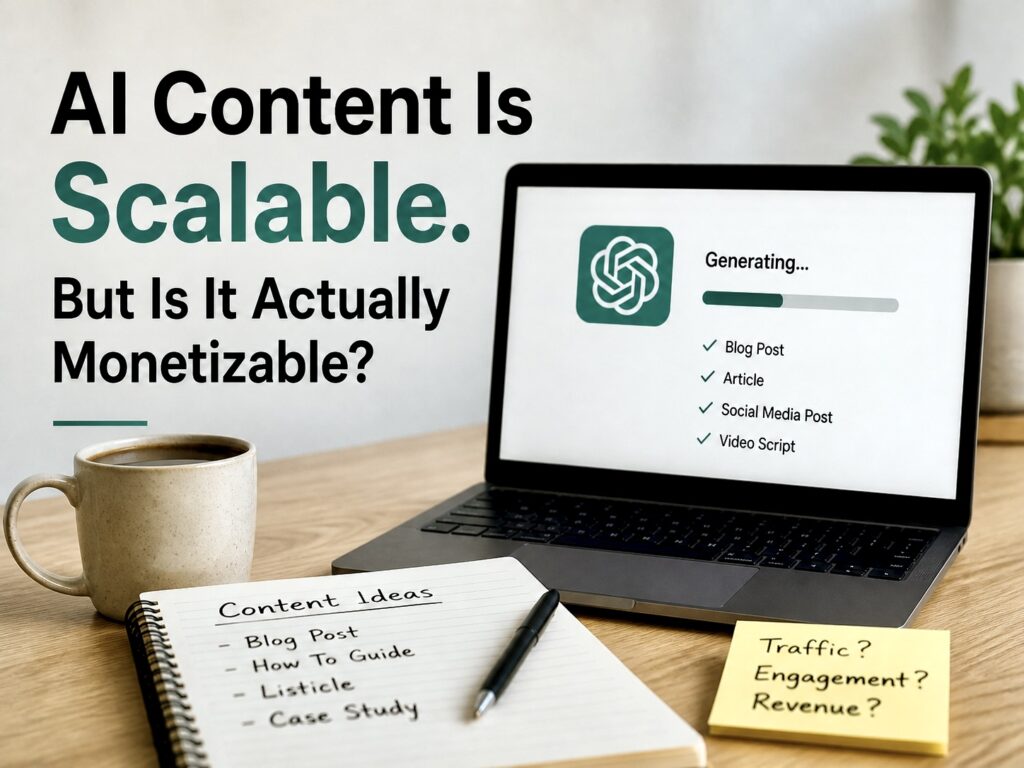 Laptop generating AI content with blog ideas notebook showing scalability vs monetization concept