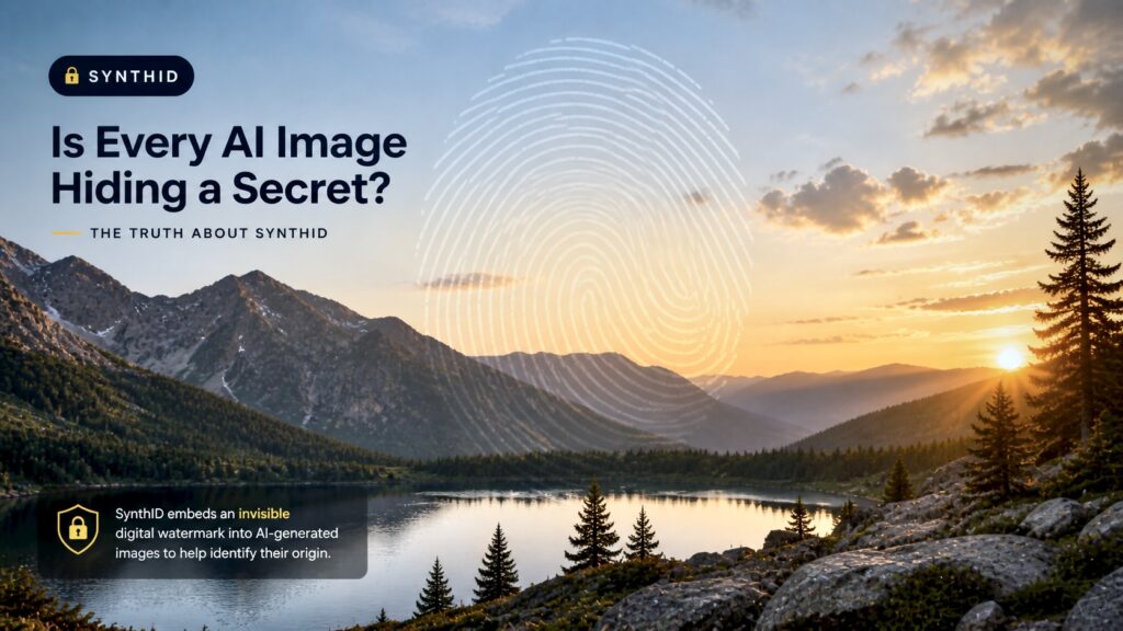 Mountain landscape at sunset with a subtle digital fingerprint watermark representing SynthID in AI-generated images