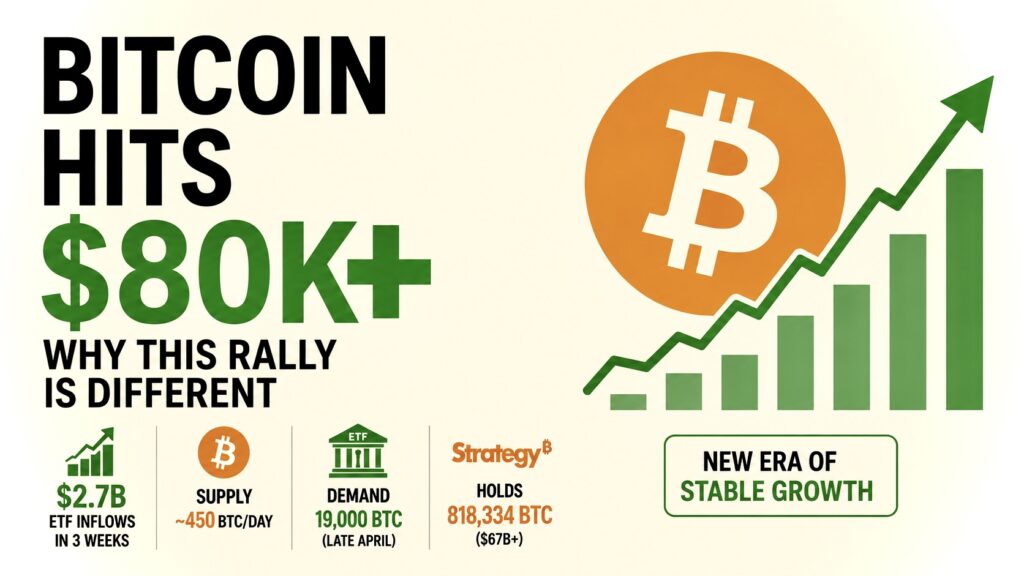 Minimal editorial-style thumbnail showing Bitcoin crossing $80K with charts, ETF inflows, and crypto market growth visuals