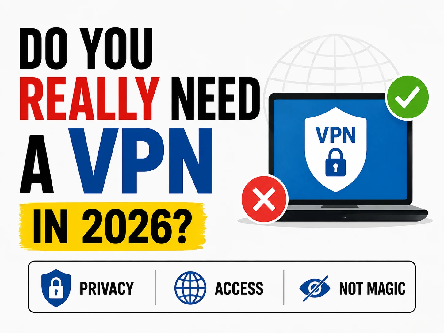 Minimal VPN explainer thumbnail with bold text asking “Do You Really Need a VPN in 2026?” alongside a VPN shield icon and privacy symbols.