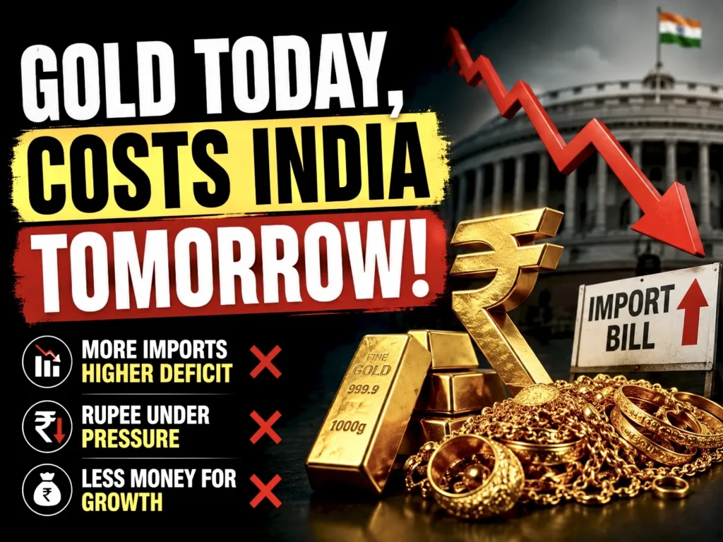 Gold bars and jewelry with bold text discussing how rising gold imports are becoming an economic concern in India.