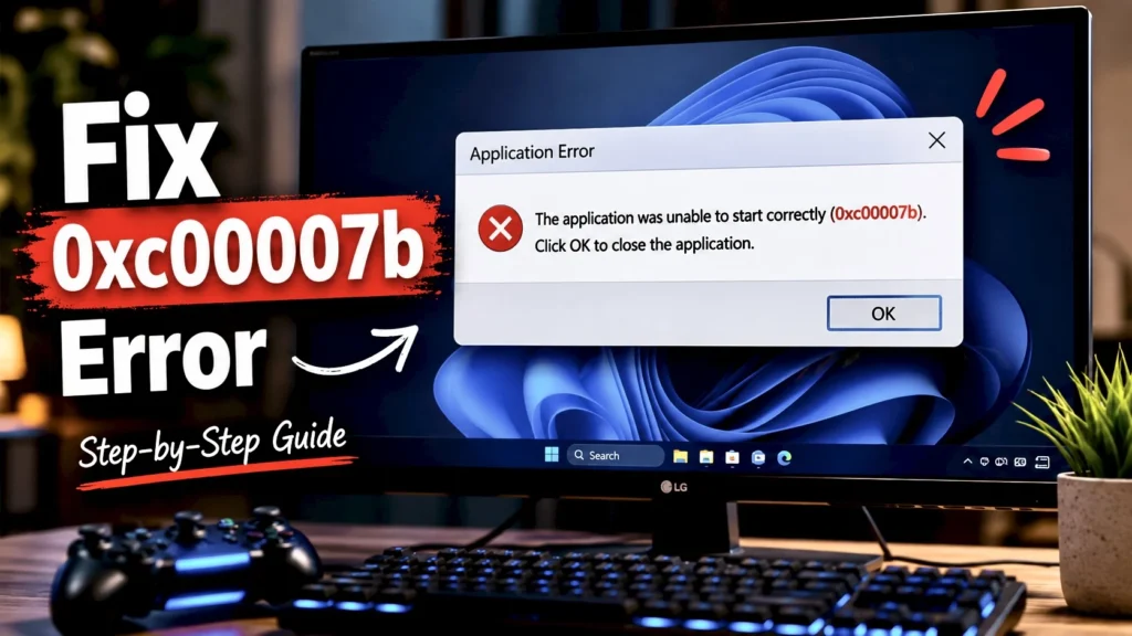 Windows 0xc00007b application error popup on desktop screen