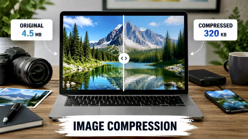 Laptop showing original and compressed image quality comparison for image compression explanation.