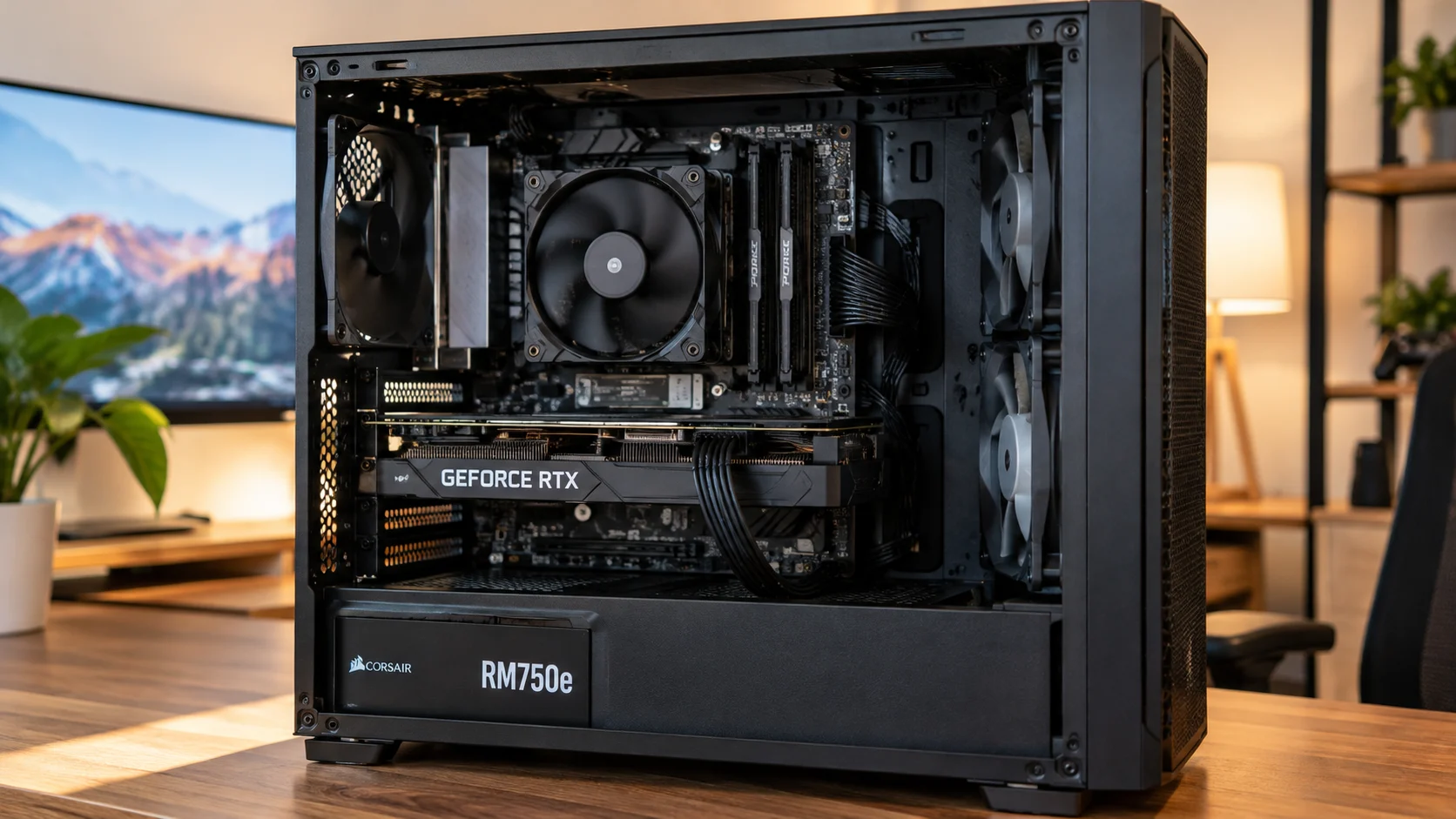 Inside a prebuilt gaming PC showing the graphics card, RAM, motherboard, power supply, and cooling fans
