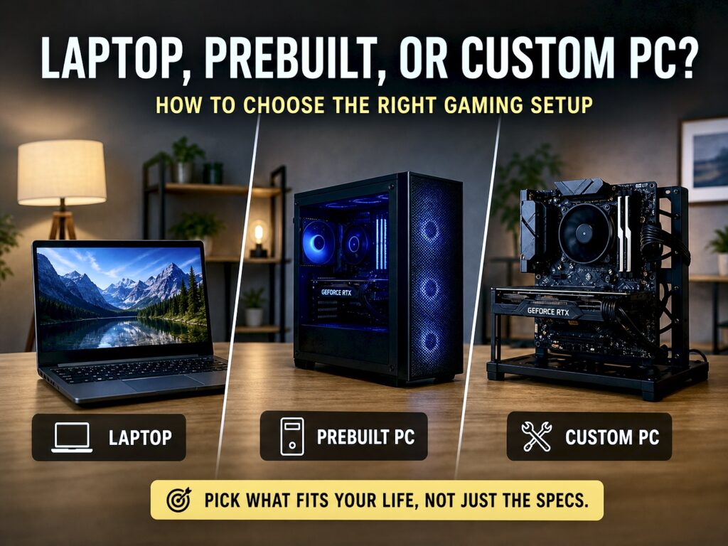 Laptop vs prebuilt PC vs custom PC gaming setup comparison on desk