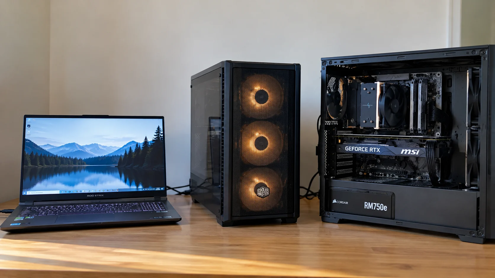 Gaming laptop, prebuilt desktop PC, and custom-built desktop PC shown side by side