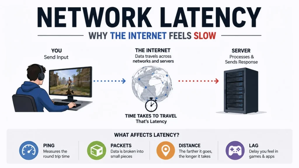 Minimal infographic explaining how network latency causes internet delay between users and servers.