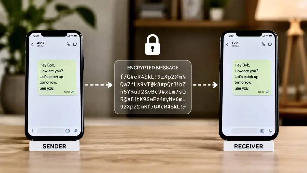 Encrypted message traveling securely between two smartphones with unreadable scrambled data in the middle.