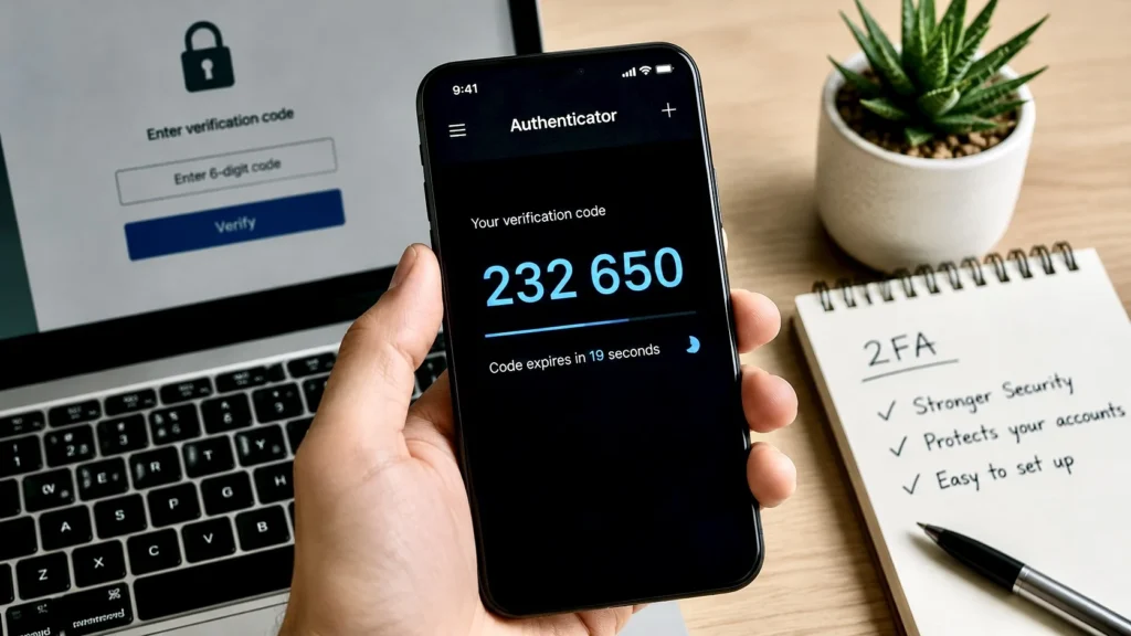 Person holding a smartphone showing a two factor authentication code beside a laptop login screen.