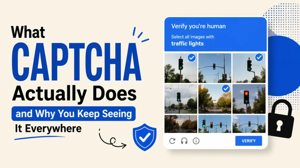 CAPTCHA verification screen asking users to prove they are human by selecting traffic lights.
