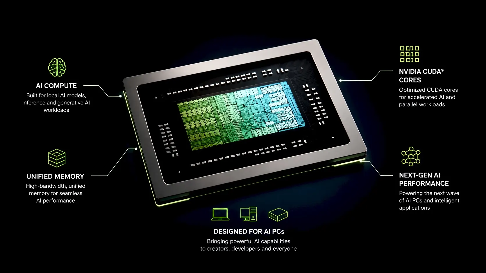 Conceptual diagram of NVIDIA RTX Spark highlighting AI compute, unified memory, CUDA cores, and next-generation AI PC capabilities.