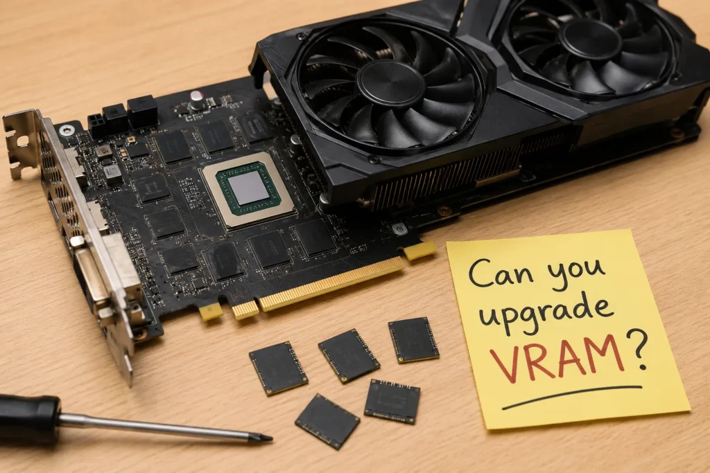 Graphics card with exposed VRAM memory chips showing why GPU VRAM cannot be upgraded