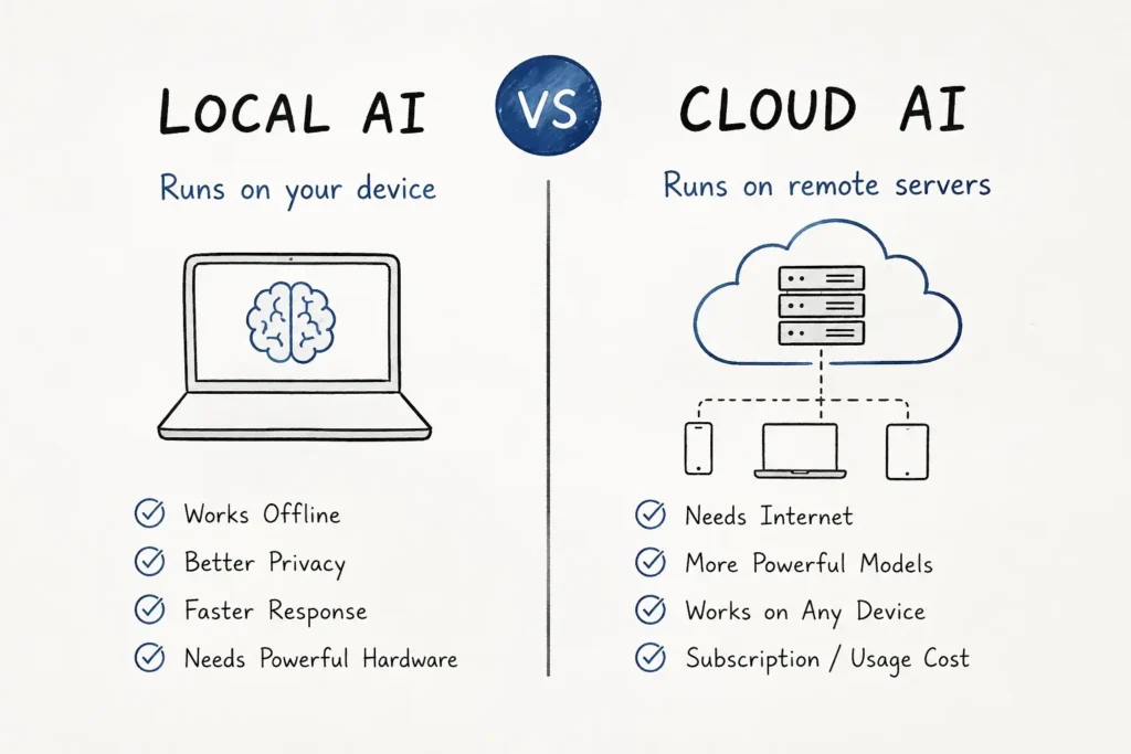 Simple illustration comparing Local AI running on a device with Cloud AI running on remote servers.