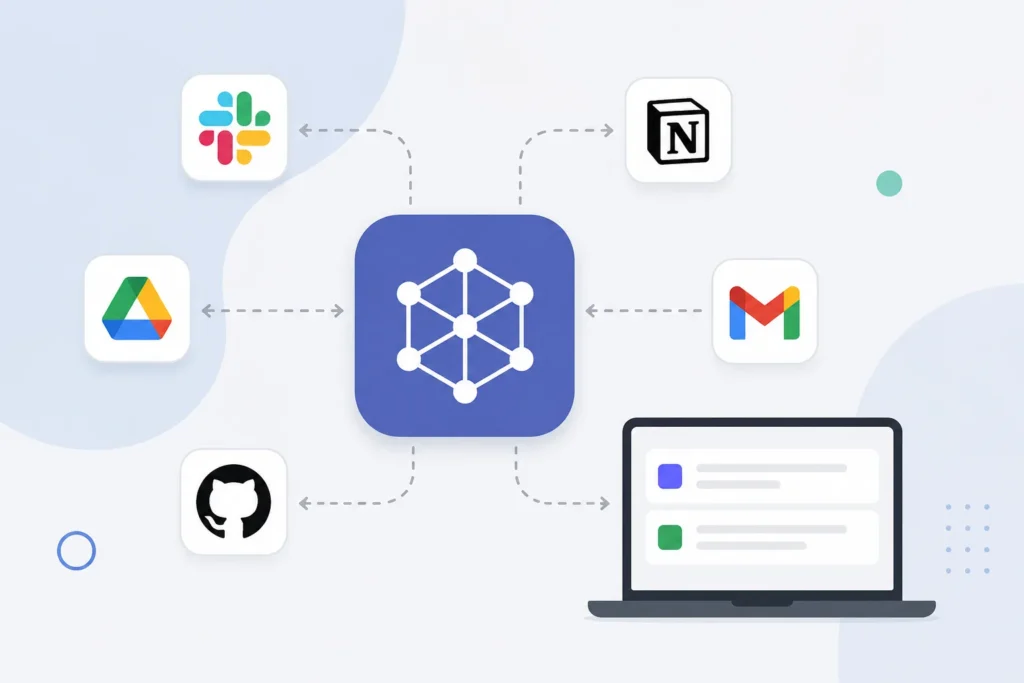 MCP (Model Context Protocol) connecting AI with apps like Google Drive, GitHub, Slack, Gmail, and Notion through a shared standard.