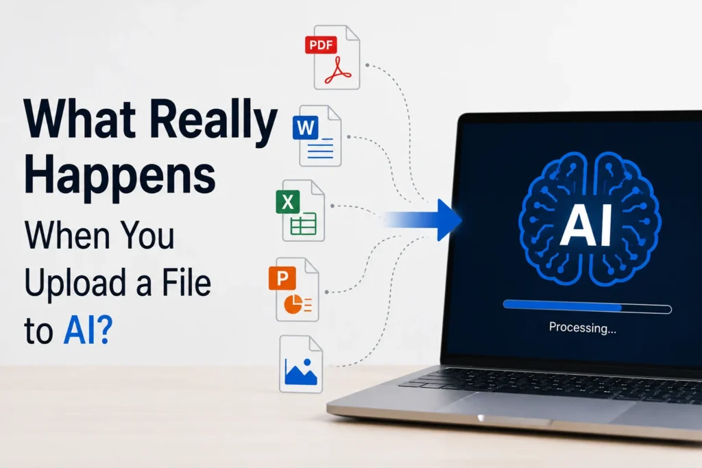 Illustration showing different file types being uploaded to an AI assistant for processing.