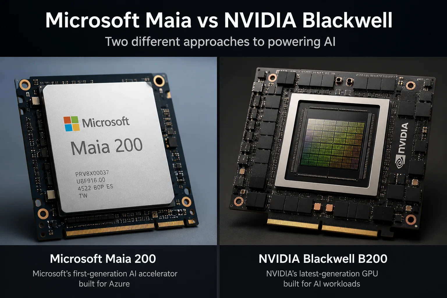Microsoft Maia 200 and NVIDIA Blackwell B200 AI chips side by side.
