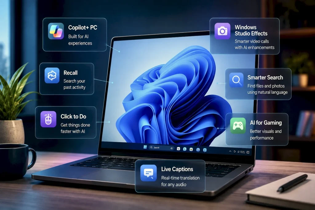 Windows 11 AI features shown on a laptop screen
