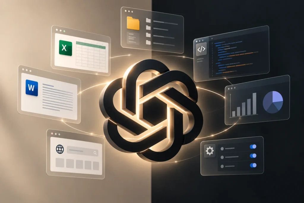 GPT-6 Astra AI model represented by a central OpenAI-inspired logo surrounded by floating computer work interfaces