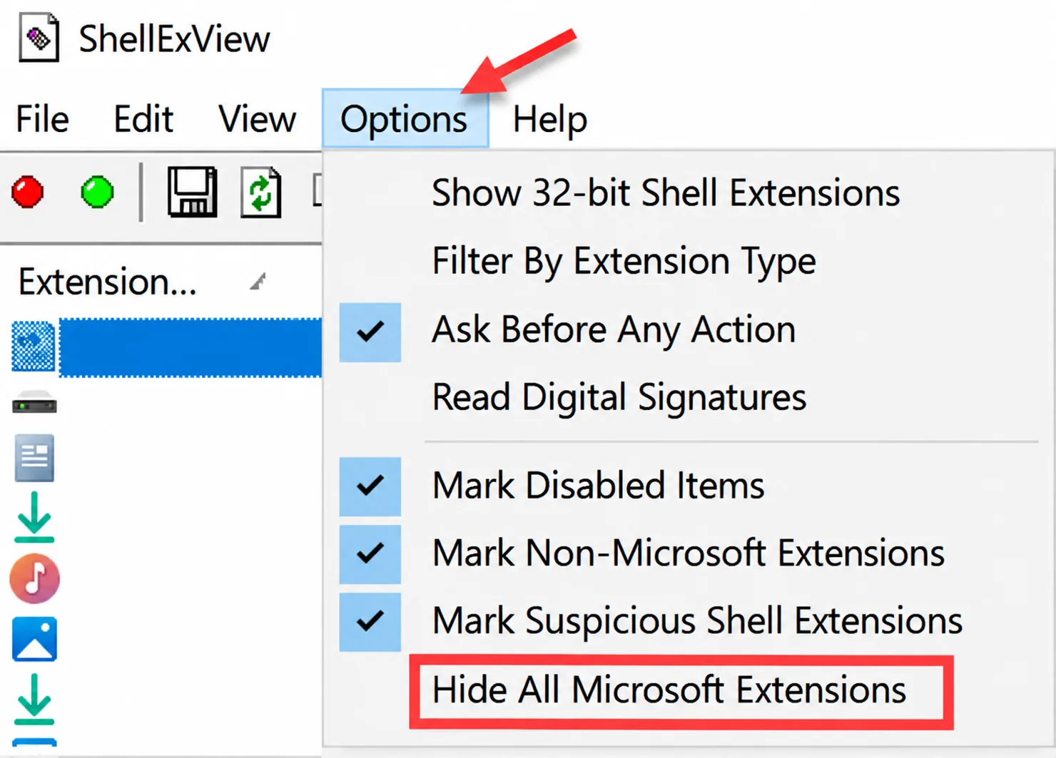 ShellExView Options Menu Highlighted