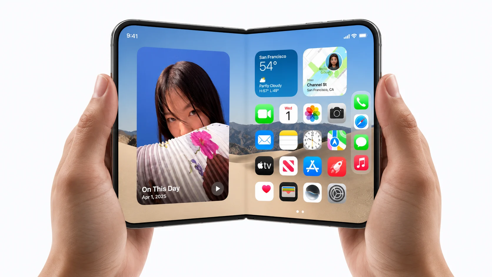 iPhone Duo held in hand, showing its screen design