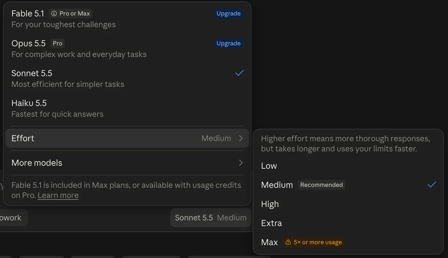Claude Effort menu showing the available effort settings