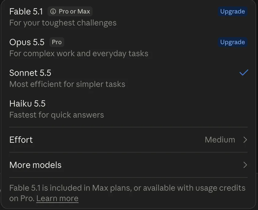Claude model selector showing available model options