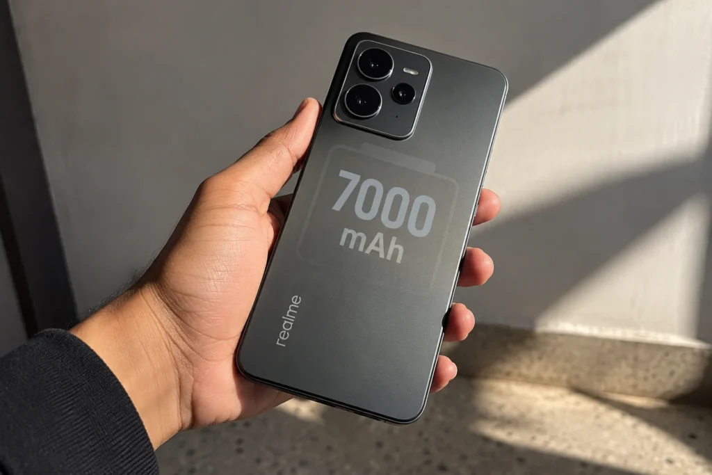 Hand holding a smartphone displaying a 7,000mAh battery graphic
